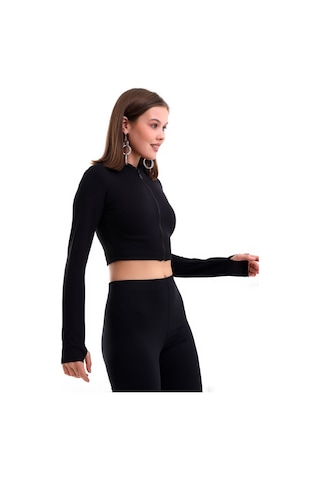 Winmoda34 Kadın Dalgıç Takım Likralı Spor Önden Fermuar Detaylı Kısa Taytlı Uzun Kol Parmak Geçmeli Model Kf-siyah