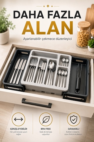 Sürgülü Ayarlanabilir Kaşıklık Organizer Çekmece İçi Düzenleyici S-10555 Gri