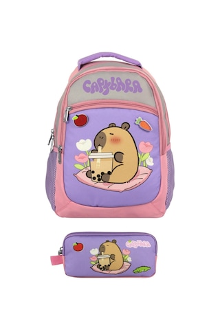 Capybara Kız Çocuk İlkokul Sırt Çantası Ve İki Gözlü Kalemlik Seti - Mor - Pembe - Setcpb5233c Çok Renkli