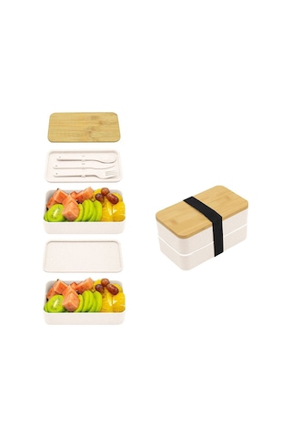 Hangfox Doğal Bambu Kapaklı Çift Katlı Microwave Uyumlu Çalışan/öğrenci Bento Kutusu - Sağlıklı Yemek Taşıma Kutusu Isı Saklama Çantası Dahil Beyaz