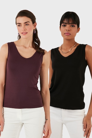 Lela Slim Fit V Yaka Kalın Askılı 2' Li Paket Bayan Bluz 5864384S2 Siyah-Vişne