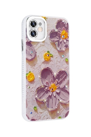 Apple Uyumlu iPhone 11 İle Çiçek Desenli Parlak Taşlı Sert Silikon Kapak