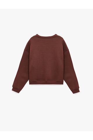 Koton Bisiklet Yaka Uzun Kollu Kedi Nakışlı Oversize Sweatshirt Kahverengi 6wal10494ık Kahve