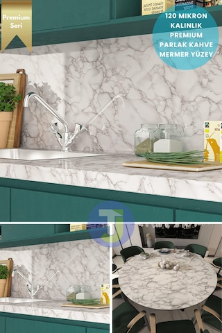 Technojet Kendinden Yapışkanlı Mermer Desen Folyo Mutfak Banyo Tezgah Duvar Kaplama 60cmx500cm Beyaz