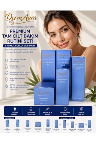 Dermaura Premium Leke Ve Aydınlatıcı Tam Cilt Bakım Seti Temizleme Jeli, Tonik, Niacinamide Serum, Nemlendirici Ve Spf 50+ Güneş Koruması