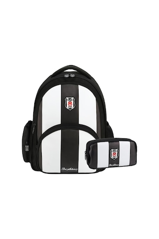 Beşiktaş 3 Bölmeli Çubuklu Suni Deri Okul Çantası + Kalemlik Siyah