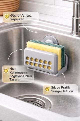 Vantuzlu Sünger Tutucu Lavabo İçi Duvara Yapışan Delikli Mutfak Sünger Askısı Organizer