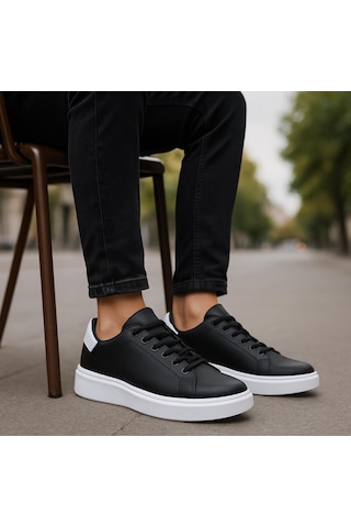Erkek Siyah Beyaz Tabanlı Bağcıklı Sneaker Spor Ayakkabı-641 Siyah  -  Beyaz