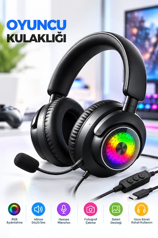Oyuncu Kulaklığı Mikrofonlu Rgb Led Işıklı 3.5mm Type-c Pc Ps Xbox Uyumlu
