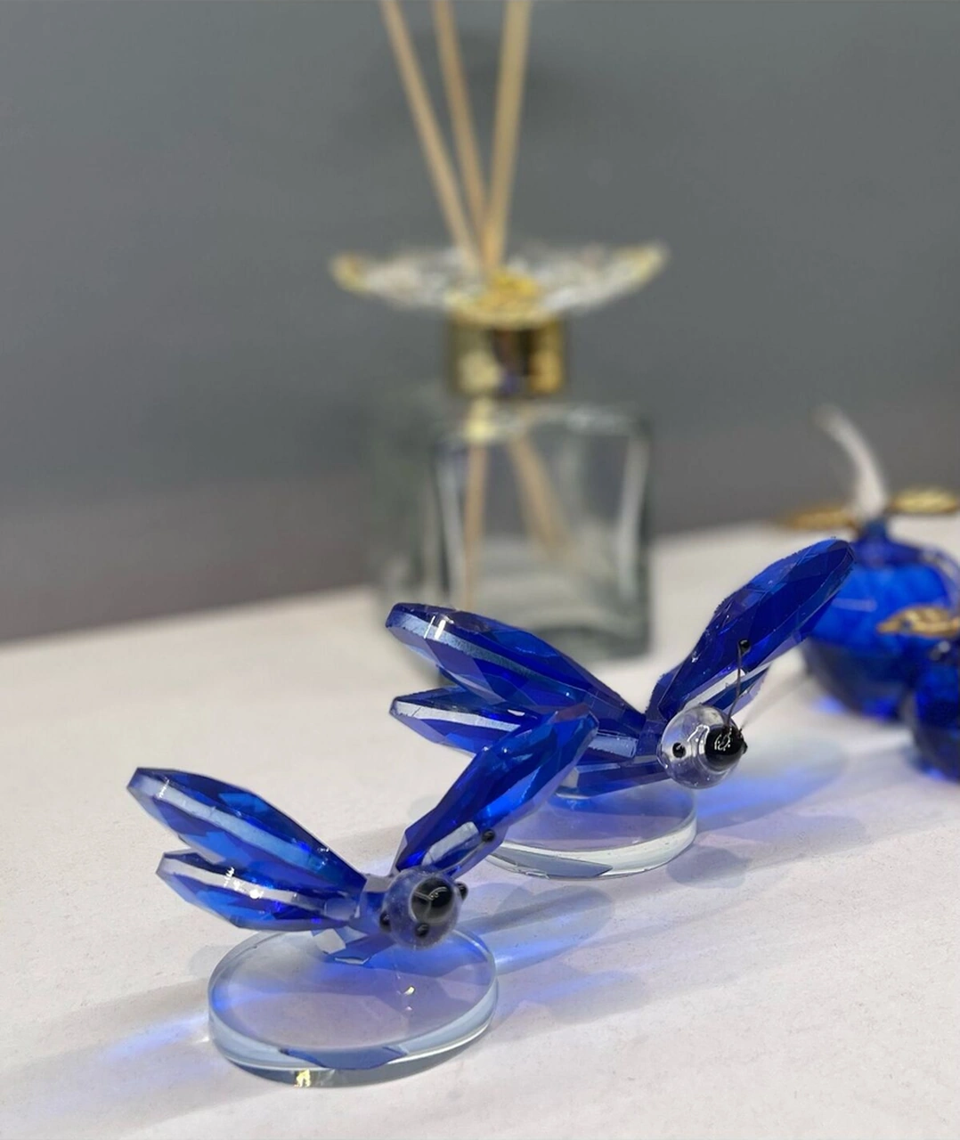 Dekoratif Kristal Cam Ikili Kelebek Biblo Mavi .
