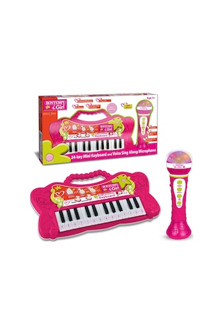 Minik Müzisyenlere Elektronik Mikrofonlu Işıklı 24 Tuşlu Pembe Org