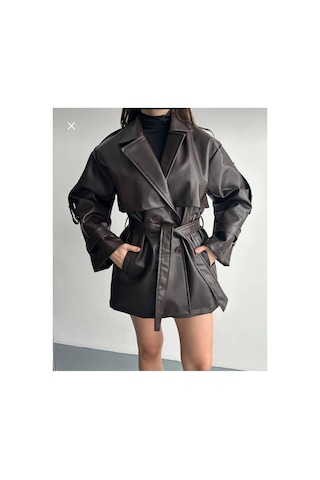 Moda Banuş Rüzgarlık Detay Oversıze Deri Trençkot Kahverengi Kahverengi