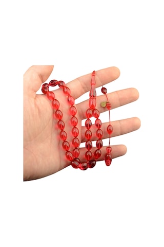 Sistem Püsküllü 11x8 Mm İmzalı Ateş Kehribar Tesbih Kırmızı