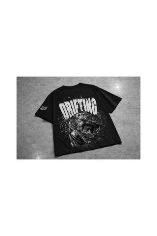 Yolo Street Oversize Unisex Drift Racing Baskılı Siyah Tişört %100 Pamuk Streetwear Siyah