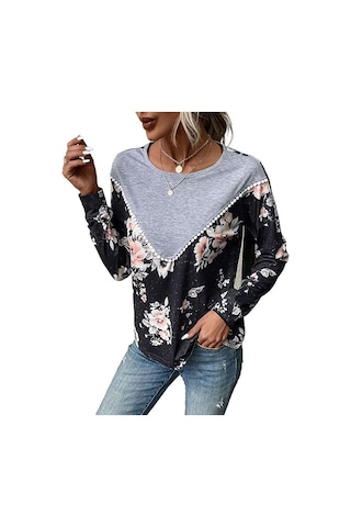 İlkbahar Ve Sonbahar Kadın Bluz Günlük Uzun Kollu İnce Bloklu Üst Koyu Gri