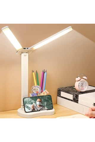 Katlanabilir Led Masa Lambası Kalemlikli Telefon Standlı Ayarlanabilir Işık Çalışma Lambası Beyaz