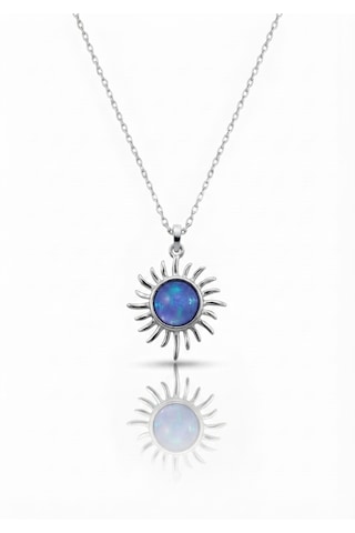 Gümüş Opal Taşlı Mini Güneş Kolye - 925 Ayar Gümüş Gümüş - Rodyum