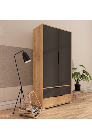 Flora 2 Kapaklı 2 Çekmeceli Gardırop Safir Meşe - Antrasit Elbise