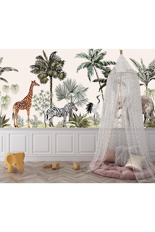 Ormanda Palmiyeler Altında Zürafa Zebra Fil Çocuk Odası Poster Duvar Kağıdı Renkli
