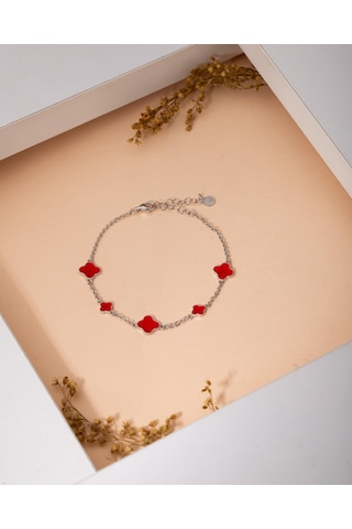 925 Ayar Rodyum Kırmızı Mineli Yonca Charm Gümüş Bileklik Gümüş - Rodyum