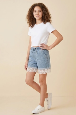 Modanıno Kız Çocuk Tül Dantelli Ve Beli Lastikli Jean Şort 2-12 Yaş 12674sk Mavi