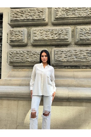 WeShaya Beyaz Oversize Kırışık %100 Polyester Gömlek Beyaz