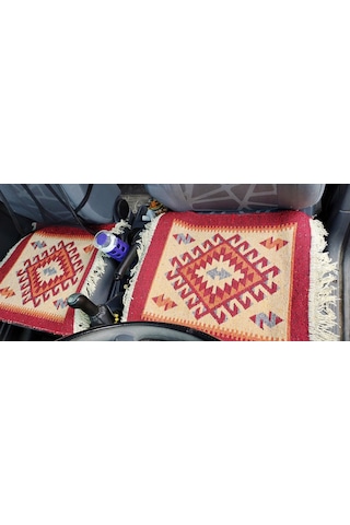 Reversible Oto Koltuk Kilim Seti 3 Parça Makine Dokuma Akrilik & Polyester Saçaklı - Kırmızı