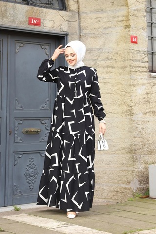Hira Life Fashion Kadın Tesettür Mevsimlik Beli Kuşaklı Dokuma Viskon Elbise Siyah-beyaz Siyah-beyaz