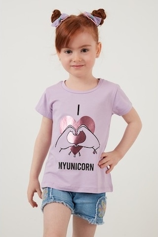 Lela Baskılı Bisiklet Yaka Pamuklu Kız Çocuk T Shirt 6211027 Lila