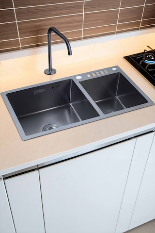 Sun Serisi %100 Krom 82x45 İki Göz Bıçak Yuvalı Paslanmaz Mutfak Eviyesi, Mutfak Lavabosu Siyah