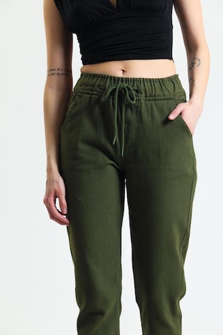 Kene Jeans Kadın Haki Beli İpli Kemer Lastik Keten Mom Pantolon Haki