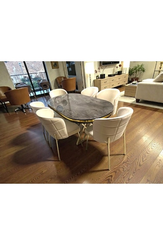 Msy Home 6 Kişilik Serya İroni Oval Masa Gold Ayak Yönsüz Kumaş Modern Ve Şık Yemek Odası Takımı Bej