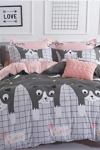 İqon Lastikli Çarşaflı Nevresim Takımı Çift Kişilik Good Night Cats Good Night Cats Gri