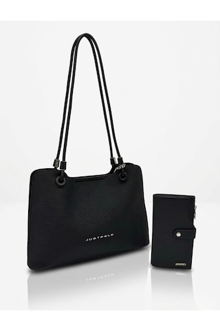 Just Polo Kadın Büyük Boy Premium Gümüş Logolu El Çantası Ve Cüzdanı Kombin Tote Bag Ebat : 22 X 34 Cm Siyah Kombin