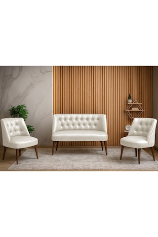 Milano 3 Lü Deri Oturma Grubu 2 Berjer + 1 İkili Koltuk Ofis & Ev Kullanımı Krem Krem