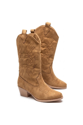 V.s.h Velvet Sara Kadın Western Basklılı Taba Kovboy Çizme -2555