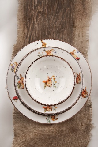 Retro Tavşan Porselen Akıtma 6 Kişilik 24 Parça Yemek Takımı