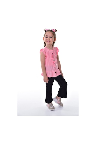 Fırfır Kollu Düğmeli Fiyonk Detaylı Kız Çocuk Alt-üst Takım Pembe