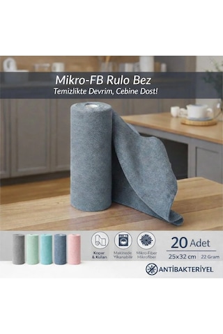 Fb Cup 20'li Rulo Mikro-fb Çok Amaçlı %100 Mikrofiber Temizlik Bezi 25x32 Kopart Kullan Indigo Mavisi Turkuaz