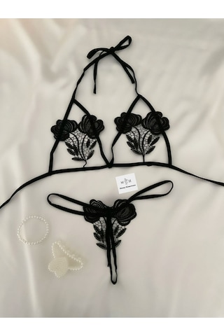 Mh Moony Homewears Sexy Çiçekli İpli Bralet Takımı Siyah Mh Moony Homewears Sexy Çiçekli İpli Bralet Takımı Siyah