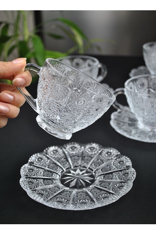 12 Parça Kristal Cam Çay Seti 200 Ml 6 Kişilik Lüx Çay Fincan Ta Şeffaf
