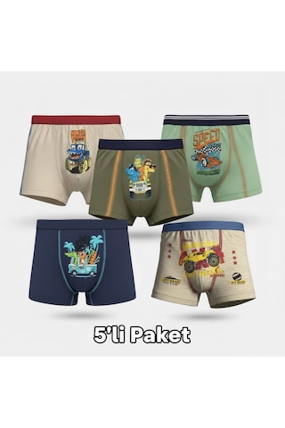 Orivra 5'li Erkek Çocuk Boxer Seti Pamuklu Esnek Desenli İç Çamaşırı Paketi Çok Renkli