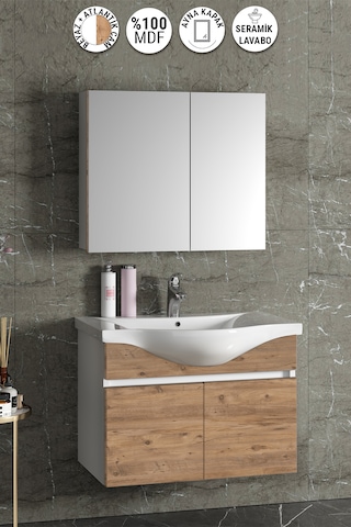 Yıldız 80 Cm Beyaz-atlantik Mdf Lavabolu Asma Banyo Dolabı Takımı Beyaz - Atlantik Çam