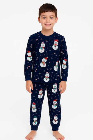 Zuzunga Unisex Yılbaşı Kardan Adam Desenli Çocuk Pijama Takımı Lacivert