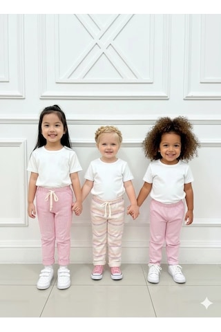Kız Çocuk Desenli 3 Lü Paket Gündelik Rahat Pantolon Seti 2-7 Yaş Pembe-pudra-a.pembe