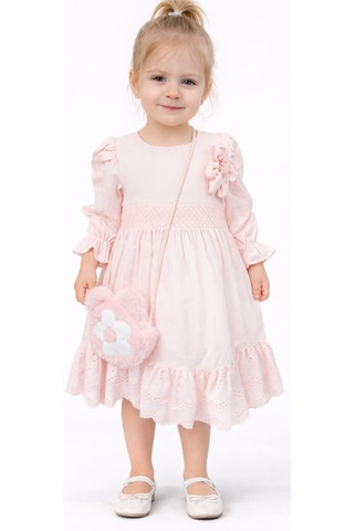 Kız Çocuk Güpürlü Balon Kol Model Bilekleri Lastikli Peluş Çantalı Pudra Renk Midi Boy Elbise Pudra