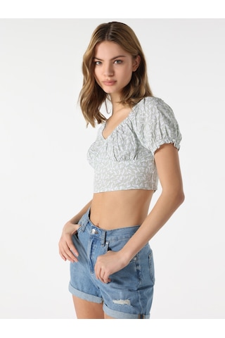 Colin's Colins Slim Fit Büzgülü Crop Yeşil Kadın Kısa Kol Gömlek Cl1063921 Mint Yeşili