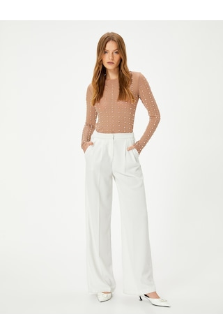 Koton Abiye Buluz Taşlı İnci Detaylı Uzun Kollu Bisiklet Yaka Slim Fit Bej 4sak60032fk