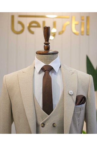 Beystil Sivri Yaka Krem Takım Elbise Elanor- Slim Fit Ekru