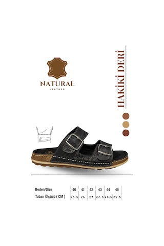 Sermoda Çift Tokalı Ayarlanabilir Hakiki Deri Erkek Terlik Doğal Deri Terlik T Siyah